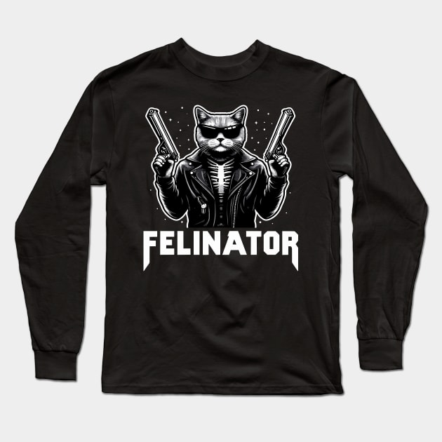 Felinator, cat terminator funny graphic t-shirt for sci-fi cyborg fans, cat lovers and gun enthusiasts. Long Sleeve T-Shirt by Cat In Orbit ®